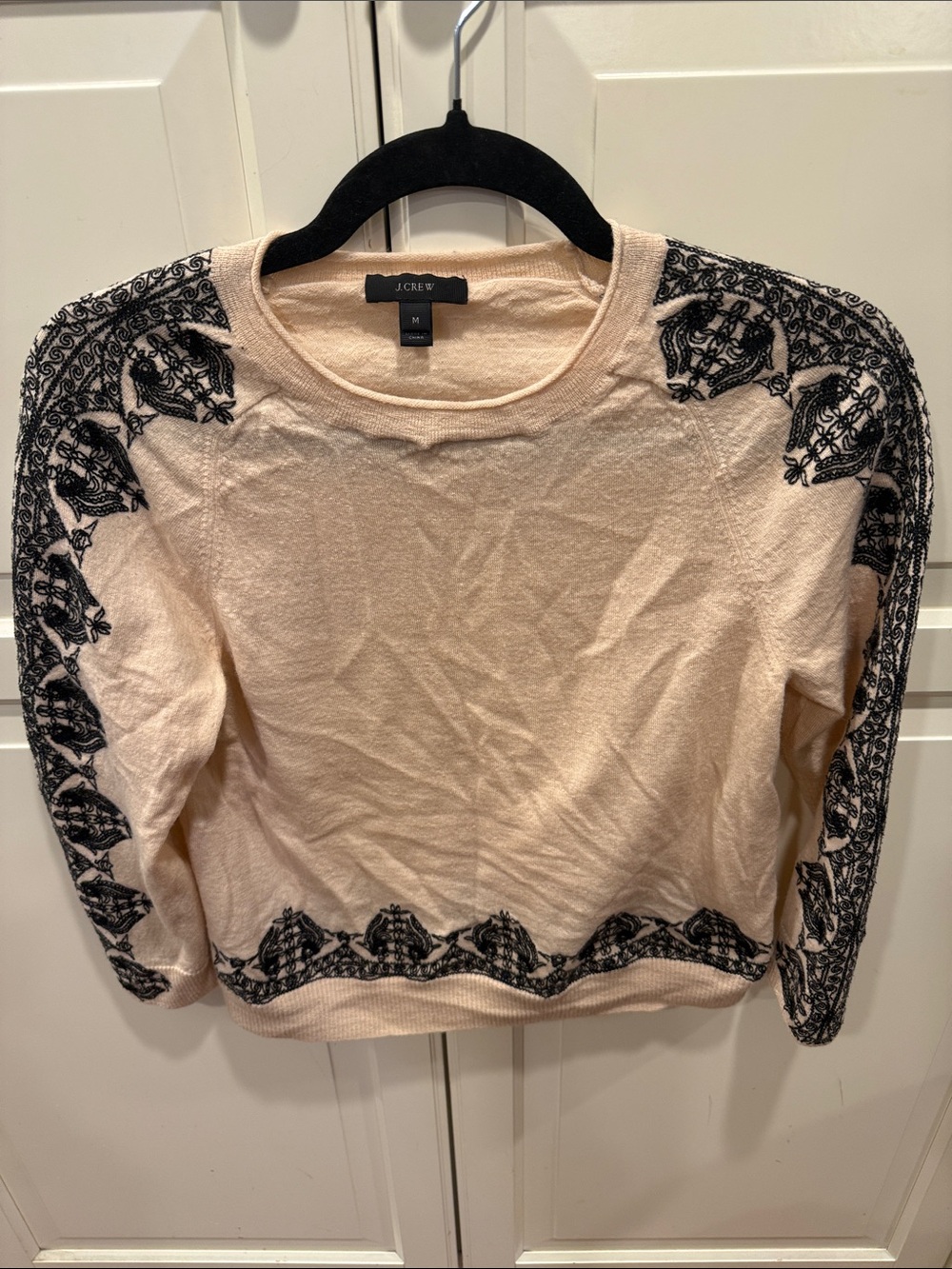 J. Crew Cream Sweater with Black Floral Embroidered Trim